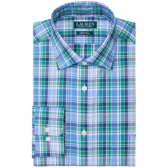 Lauren Ralph Lauren Men’s Classic/Regular Fit Non-Iron Performance Stretch Plaid Dress Shirt, Green Multi, 18 x 34-35