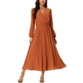 thumbnail image 1 of INSPIRE CHIC Robe Plissée pour Femme Manches Longues Bouffantes Col en V Robe avec Ceinture à la Taille P Rouge Brique, 1 of 6
