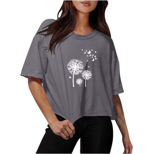 Blouses for Women Drop Shoulder Round Neck Oversized Crop Tops Workout Tops Tees