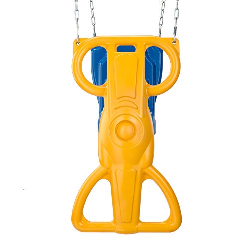 Swing-N-Slide Wind Rider Glider Swing in yellow and blue, featuring an ergonomic back-supported seat with hand grips and foot holders for added security. Designed for single-child use, it measures 72 inches high, 14 inches wide, and 25 inches long. The swing attaches to standard-duty swing hanger setups and meets ASTM safety standards.