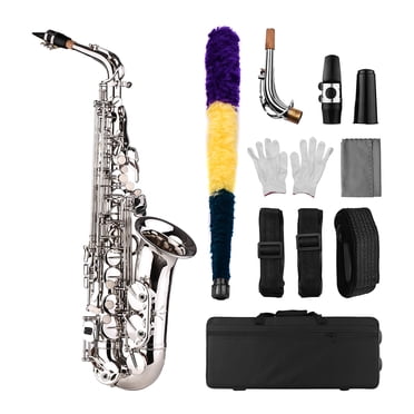 Graflsoa Muslady Eb Alto Saxophone in Brass with Silver Finish, Includes Gloves, Cleaning Cloth, Brush, and Plastic Mouthpiece