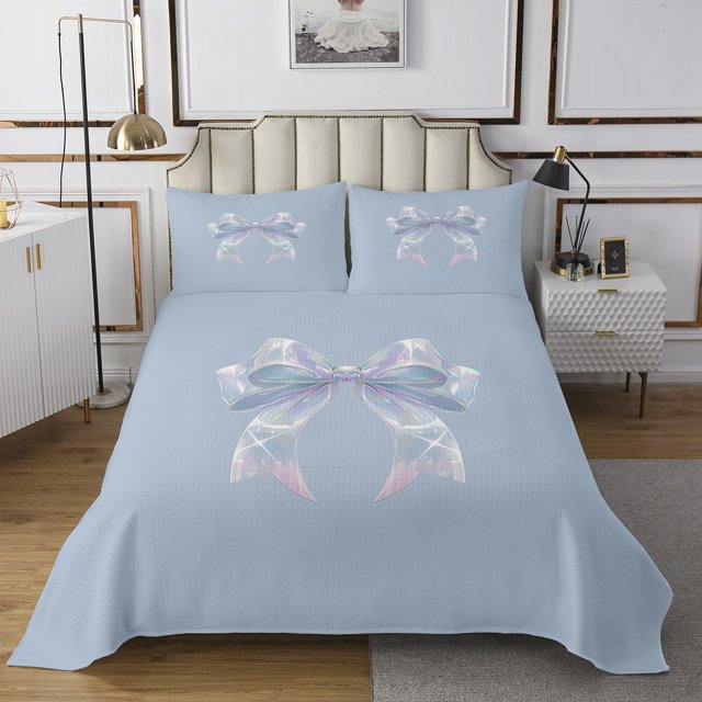 Erosebridal Bowknot Coverlet Set Queen for Teens, Princess Ribbon Bedding Set, Bling Bow Decor 3pcs