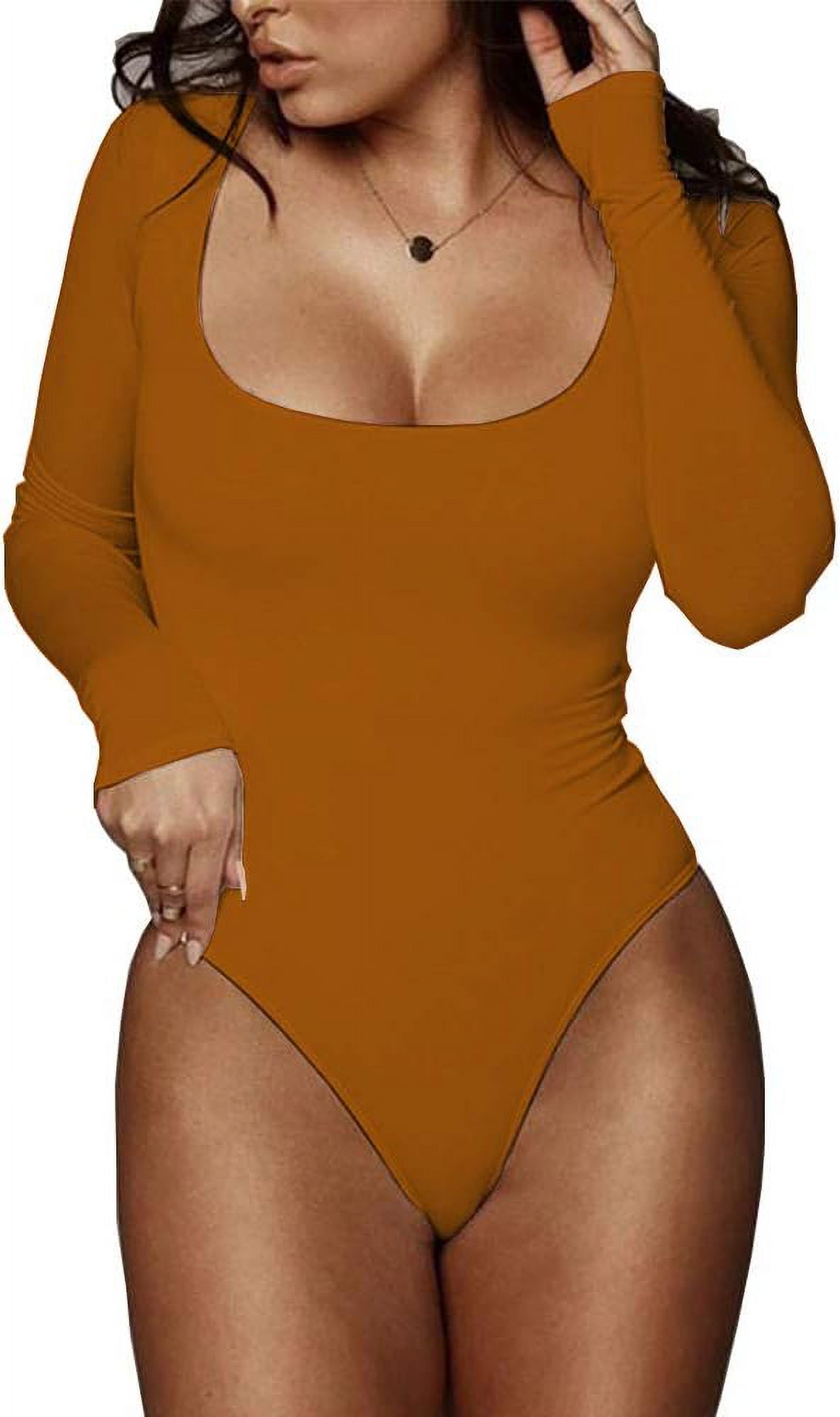 ORUYROP Women's Square Neck Long Sleeve T-shirt Basic Bodysuit Jumpsuits