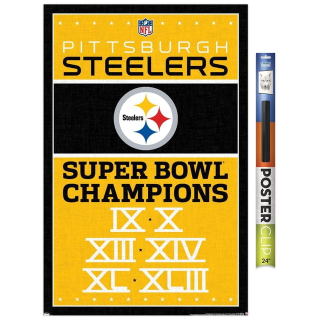 NFL Pittsburgh Steelers - Affiche Murale des Champions 13, 22,375 Po x 34 Po Présentant un Motif Jaune et Noir avec le logo des Steelers Centré sur une Rayure Noire, « Pittsburgh Steelers » Texte au-Dessus, et « Super Bowl Champions » avec Chiffres Romains IX, x, XIII, XIV, TG et XLIII au-Dessus, Imprimée sur Papier Brillant avec Supports Adhésifs, Convient à la Décoration Murale de Chambre Ou de Bureau.
