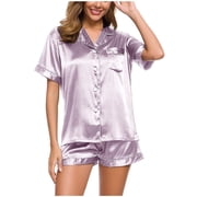 Women Pajama Sets Clearance Silk Pajamas Set for Women Short Sleeve Sleepwear Soft Satin Button down Loungewear 2 Piece Pjs Shorts Set Silk Pajama Set Purple M New