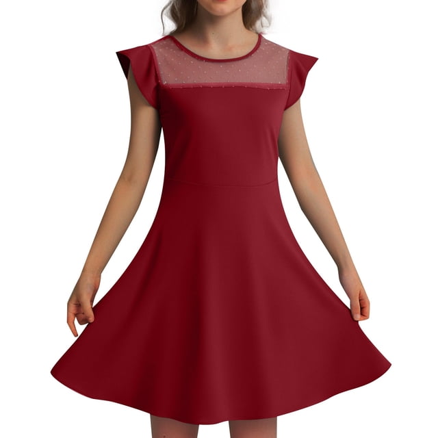 LUOGENLI Dress Girls Dress Summer Ruffle Sleeve Mesh A Line Casual Party Dresses with Pockets for Kids 4 11 Years Dress for Girls Midi Length Spring Red 6-7 Years
