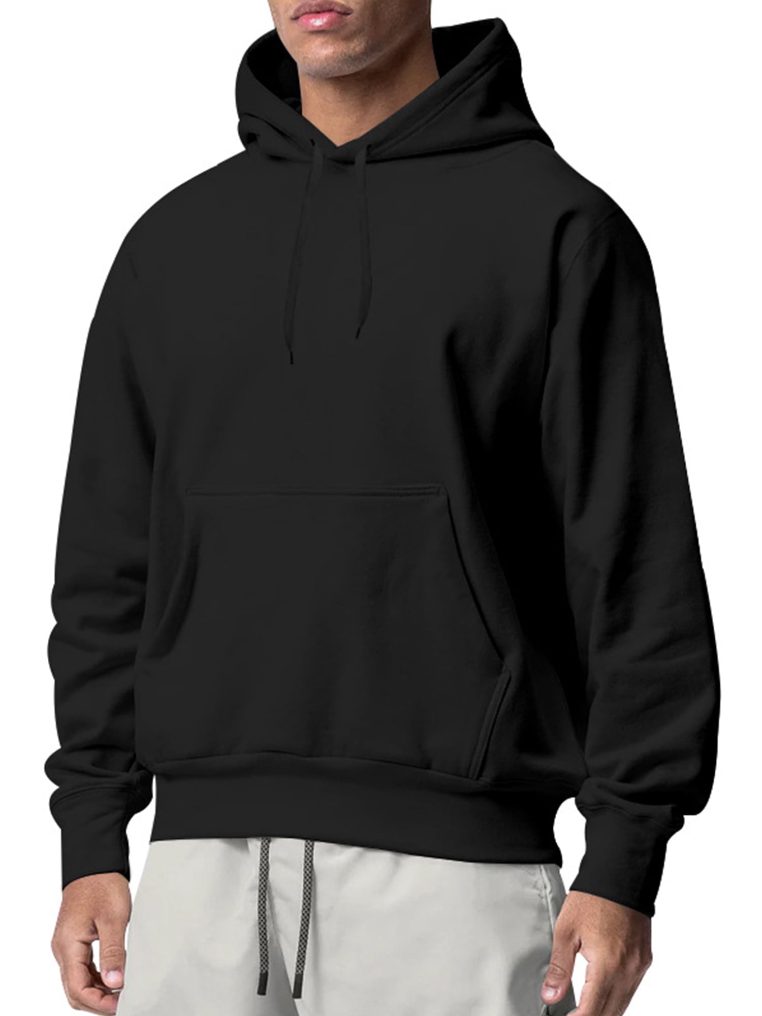 Innerwin Sweatshirts Drawstring Men's Hoodies Fall Solid Color Thick Hooded Sweatshirt Black XL