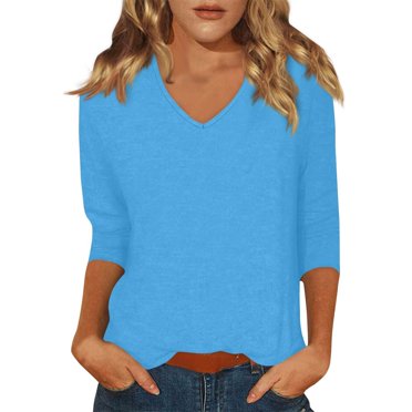 DENGDENG Ladies 3/4 Sleeve Tops V Neck Casual Elbow T Shirts Petite Summer Tunics Spring Three Quarter Length Shirts Fashion 2025 Clearance Blouses Black M