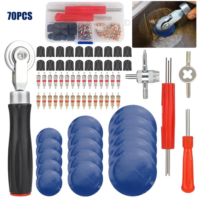 Ensemble d'Outils pour Rouleau de 70 Pcs de Pièces de Pneu Comprenant des Pièces de Pneu de 32 mm, 42 mm et 58 mm, des Noyaux de Tige de Pneu, des Capuchons et un Détacheur de Noyau à Double Tête. Comprend des Outils comme une Roue Compacte, un Grattoir pour Doublure, des Clés de Noyau et un Outil 4 Voies. Convient à la Réparation des Pneus Pneumatiques sur Vélos, Voitures, Motos et Plus. les Composants Sont Faits de Matériaux Durables comme des Noyaux en Cuivre Nickelés et des Capuchons en Plastique à Haute Dureté. Vient