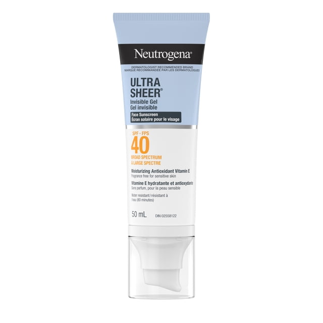 Neutrogena Ultra Sheer Invisible Gel Écran Solaire pour le Visage Fps 40 en tube Format Voyage de 50 ml avec protection à Grand Spectre contre les Uv/uvb, Hydratant Antioxydant Vitamine E, Formule Sans Parfum et Résistance à l'Eau pendant 80 minutes, Convient aux Peaux Sensibles et aux Soins Solaires Quotidiens.