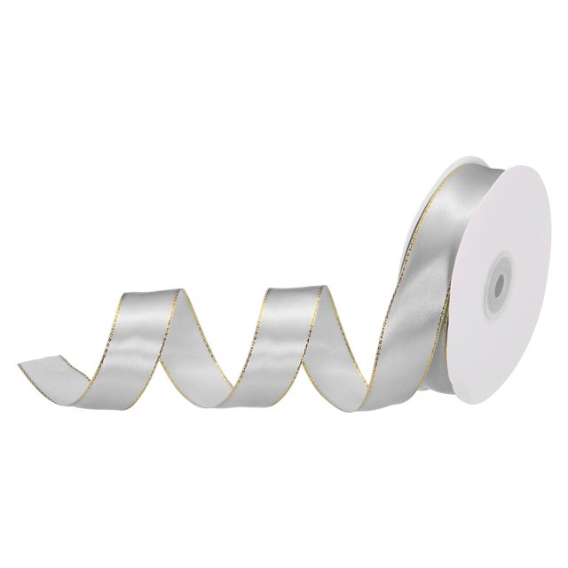 Unique Bargains 1 Inch 50 Yard Wide Satin Ribbon with Gold Edges Grosgrain Fabric Ribbon for Gift Wrapping, Silver