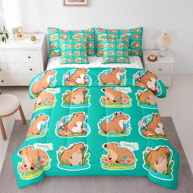 YST Capybara Bedding Set Queen 7 Piece,Floral Capybara Comforter Set With Sheet Set For Kids Boys Girls Cute Cartoon Animal Bed In A Bag With Throw Pillow Cover,Reversible