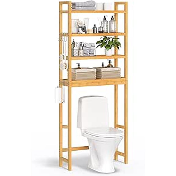 SONGMICS Over the Toilet Storage, 4-Tier Over Toilet Bathroom Organizer with Adjustable Shelves, 26 x 63 x 185 cm, Space-Saving, Natural Beige
