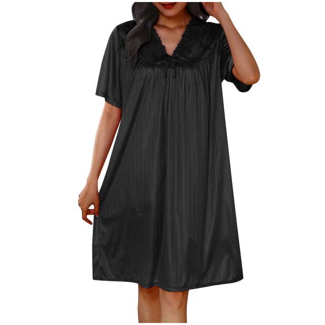 Timegard Robe de Nuit pour Femmes Col en V Manches Courtes Tenue d'Intérieur Décontractée Ample Confortable Robe de Maison Couleur Unie
