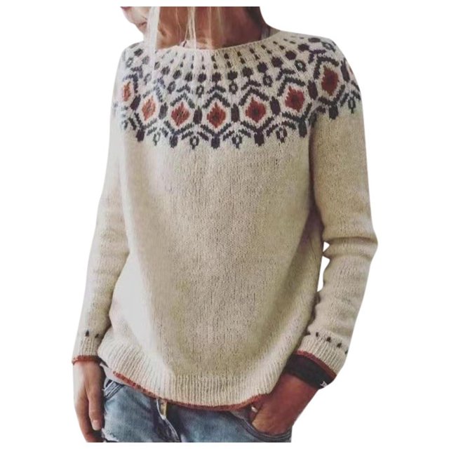 Fartey Chandail d'Automne pour Femmes Vintage Fair Isle Chandails Décontractés Amples à Manches Longues Col Ras du Cou Tricoté Chandail à Enfiler Hauts Chandails d'Hiver Chauds Beige P-2TG