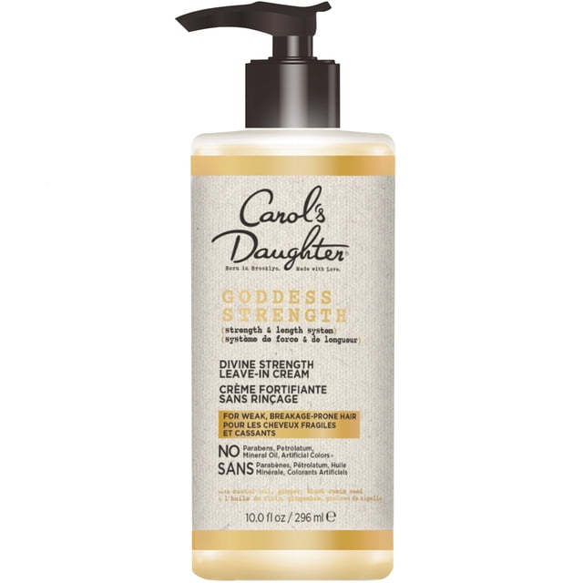 Carol's Daughter Goddess Strength Conditioner in a 296 ml pump bottle with beige textured label and black pump, formulated for weak, breakage-prone hair with castor oil, ginger, and black cumin seed, free from parabens, petrolatum, mineral oil, and artificial colors, ideal for strengthening and lengthening hair.