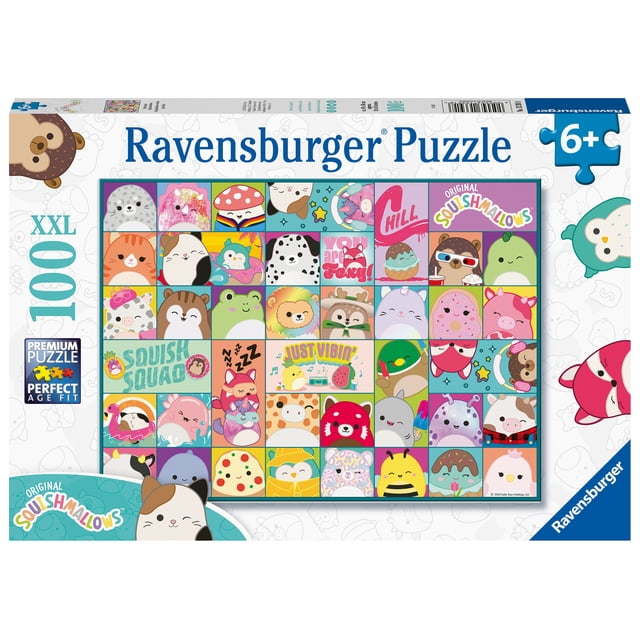 Ravensburger Casse-Tête de 100 Pcs Squishmallows TTG Comprenant une Grille Vibrante de 36 Personnages de Dessins Animés Colorés Incluant des Animaux, de la Nourriture et des Créatures Fantastiques dans des Carrés Multicolores, Conçu pour les Enfants de 6 Ans et Plus comme Activité Éducative Adaptée aux Enfants Favorisant la Résolution de Problèmes et la concentration.
