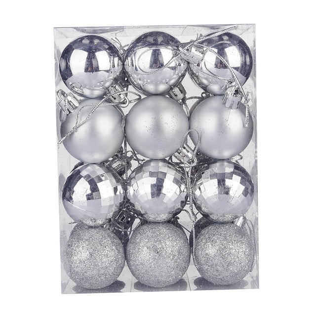 24Pcs Christmas Balls Christmas Tree Hanging Balls for Wedding Party Holiday. A set of 24 silver Christmas ball ornaments in a clear plastic box, featuring a mix of shiny, matte, glitter, and mirrored finishes. Each ball has a diameter of 4cm (1.57 inches) and includes a hanging loop with silver string for easy decoration. Suitable for Christmas trees, weddings, parties, and other festive occasions.