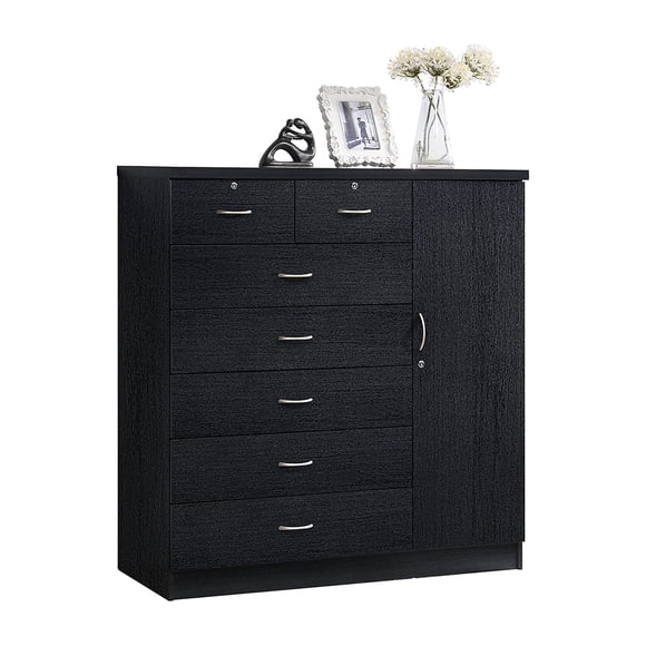 Hodedah Import Jumbo Chest of 7 Drawers with Locks and Hanging Rod, Black