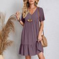 thumbnail image 4 of LOVZFMLL Robe d'Été pour Femme Décontractée Évasée à Manches Courtes, Col en V, à Étages, Ligne A, Fluide, Robe de Plage à Volants, Longueur Genou, Robe Soleil, Violet, TTG, 4 of 9