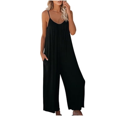 Pisexur Combinaisons Amples pour Femmes Été Décontracté Col en V Sans Manches Longues Combinaisons Bretelles Spaghetti Ajustables Sarouel Jambe Grand Salopettes Amples Pantalons P-2TG