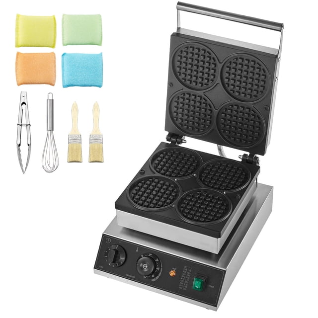 KFFKFF Professional Waffle Maker, 4-Slot Circular Waffle Cooking Device, 1750W Durable Non-Stick Stainless Steel, Adjustable Temp and Timer, Ideal for Cafes, Bakeries, and Home Use