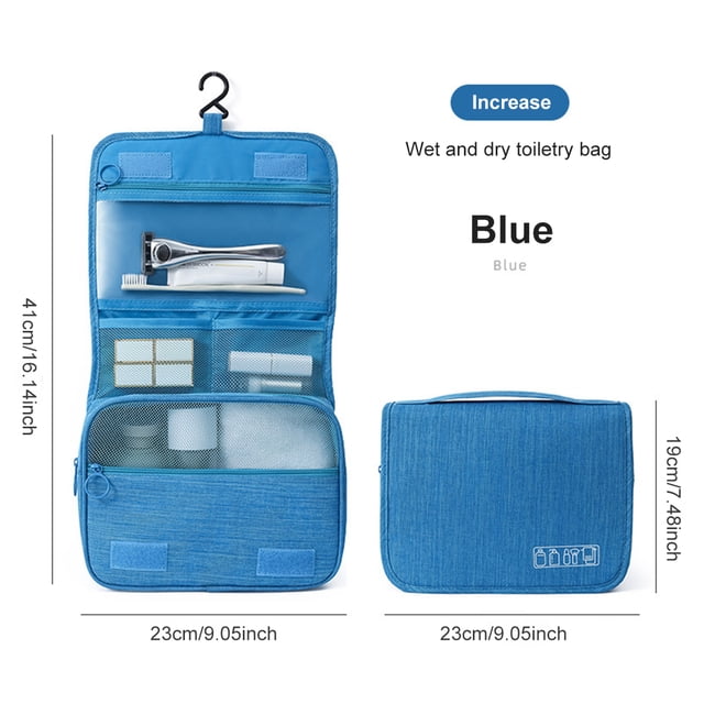 Grande Trousse de Toilette de Voyage à Grande Capacité, Trousse Cosmétique Multifonctionnelle et Portable avec Crochet Bleu, en Matériau Oxford Souple. Comprend une Fermeture Éclair et un Fermoir à Boucle, Plusieurs Compartiments et un Crochet Suspendu pour un Usage Polyvalent. Dimensions : Longueur 23 cm, Hauteur 19 cm et Largeur 9 cm. Convient aux Trousses de Toilette de Voyage pour Hommes et aux Besoins de Rangement.