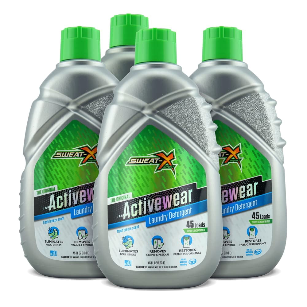 Sweat X Original Activewear Laundry Detergent – Remove the Worst Odors & Toughest Stains – High Performance Sports Wash for Training Gear & All Fabric Types – 45 Loads/Bottle – 4 Pack