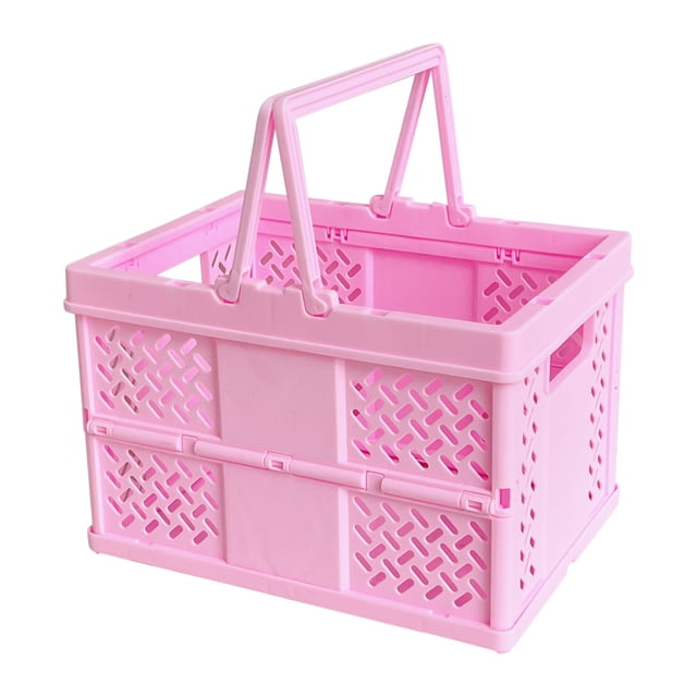 Lolmot Outdoor Picnic Basket Supermarket Shopping Basket Spring Outing Vegetable Basket Portable Carry Basket Vegetable And Fruit Basket Folding Storage Basket. A pink plastic basket with a hollow-out design for ventilation, featuring a foldable handle and collapsible structure for easy storage. Suitable for carrying groceries, vegetables, fruits, or other items. Dimensions: 18.6 x 13.5 x 12.5 cm.
