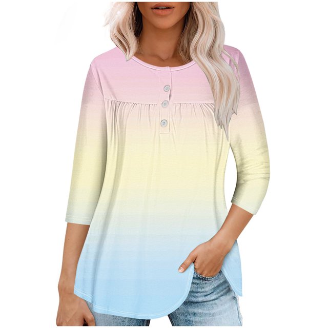 Pisexur Womens Plus Size Sweatshirt Gradients 3/4 Length Sleeve Tops Fall V-Neck Blouses Spring Ruffle Sleeve Tunic T-Shirts Dressy Casual