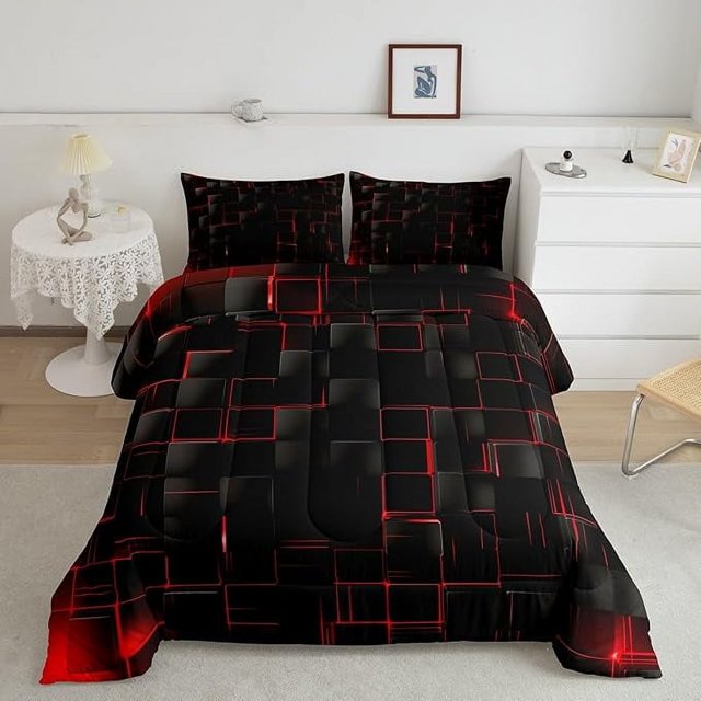 YST Ensemble de Douillette à Grille Géométrique Format Double, Ensemble de Courtepointe à Carreaux Rouges et Noirs, Décor de Chambre pour Hommes et Femmes, Douillette en Duvet Carrée à Carreaux Abstraits Moderne pour Toutes les Saisons