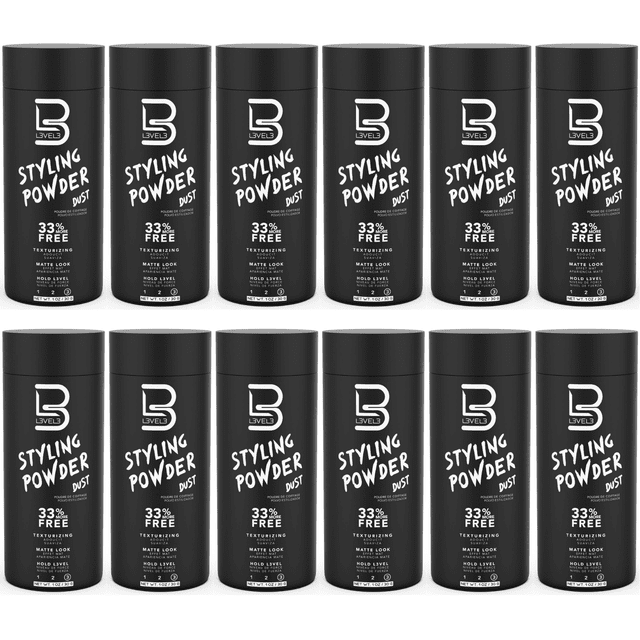 L3VEL3 Styling Powder, Case, 1oz Pack of 12. A set of twelve black cylindrical bottles of L3VEL3 Styling Powder, each labeled with 'Styling Powder Dust' and '33% more free' text. Designed for adding volume and a matte finish to hairstyles like pompadours and fauxhawks. Suitable for use on damp or dry hair, offering easy application and reworkable hold. Ideal for barbers, hairstylists, or home use.