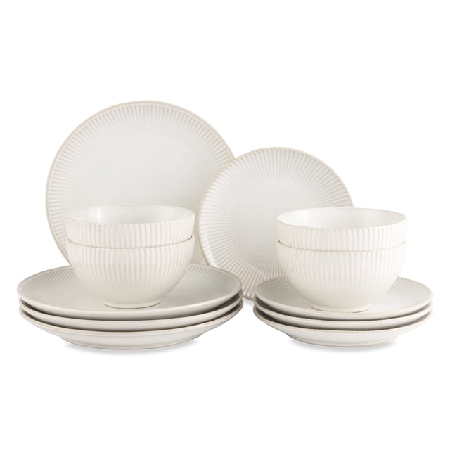 Better Homes & Gardens Sawyer 12-Piece Stoneware Dinnerware Set Cream includes four dinner plates, four salad plates, and four bowls with subtle ribbed edges and a soft cream color, made from durable stoneware, microwave and dishwasher safe, ideal for everyday dining and special occasions.