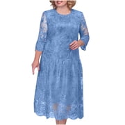 Lovzfmll Women's Evening Dress Heavy Industry Lace Embroidered Sequin Pattern Round Neck Dress Light Blue, 3XL