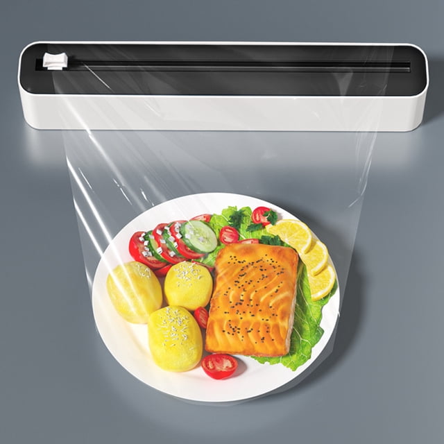 Refillable Magnetic Plastic Wrap Dispenser with Slide Cutter, Sturdy Food Cling Wrap Film Cutter, Press and Seal Plastic Wrap, Plastic Wrap Dispenser with Cutter