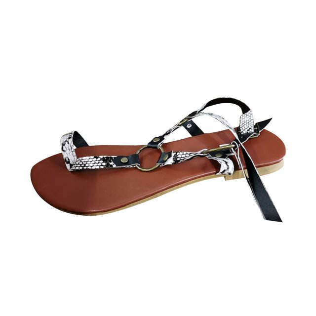 Womens Casual Ankle Strap Set Toe Belt Buckle Snake Print Flat Low Heel Sandals with a PU upper material, snake print design, flat rubber sole, and adjustable ankle strap. Lightweight, breathable, and ideal for women's casual wear, suitable for outdoor and indoor leisure occasions.