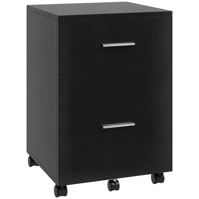 Vinsetto Mobile File Cabinet, 2-Drawer Filing Cabinet with Wheels, designed for office furniture needs. Compact black particleboard construction with aluminum alloy handles. Features two drawers for organizing A4 or letter-sized files, and five omnidirectional wheels for mobility, including two brakes and one anti-tip caster for stability.