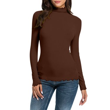 Clearance Sale! Women Long Sleeve Turtleneck Thermal Slim Fitted Lightweight Base Layer Casual Tops Stretch Basics T-Shirt Lightweight Active Shirt Pullover Tops Coffee L