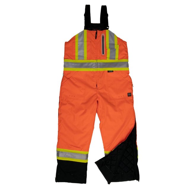 Salopette de Sécurité Isolée en Ripstop orange Vif avec Bas de Jambe Noirs, avec Ruban Réfléchissant Scotchlite 3 m et Dos Contrastant Jaune sur la Poitrine, la Taille et les Jambes, Bretelles Noires Ajustables, Doublure Noire Matelassée Imperméable visible à l'Extension d'Ourlet, Poche Poitrine Zippée, Boucle Marteau et Poche Règle, Conçue pour l'Imperméabilité, la Chaleur Respirante et la Sécurité dans les Combinaisons de Travail.