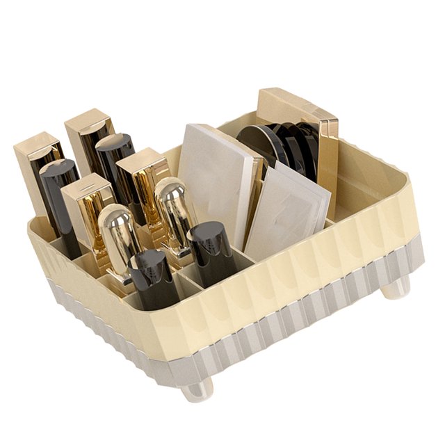 Portable Vanity Makeup Organizer, Unbreakable Plastic Organizer with Striped Design and Anti Slip Bottom, Multiple Compartments for Lipsticks, Jewelry, Small Essentials