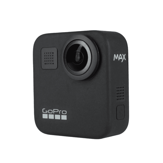 GoPro MAX 360 Waterproof Action Camera front-facing centered view with dual fisheye lenses and matte black rectangular body showing the GoPro logo; shown with a curved adhesive mount and mounting buckle on a neutral background. Features 360 spherical capture, Max HyperSmooth stabilization and immersive 360 audio per product specs, suitable for vlogging, travel and panoramic PowerPano shots.