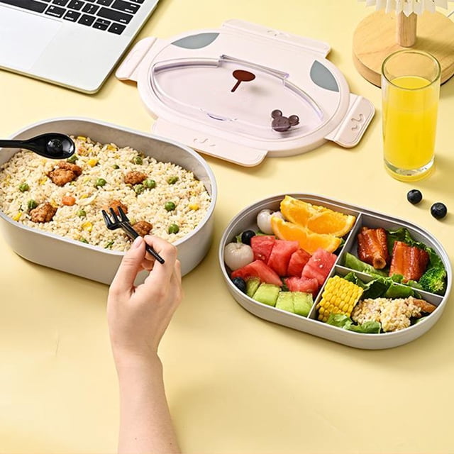 EGNMCR Kitchen Gadgets, Large Capacity Double Layer Compartment Lunch Box Fashionable Oval Lunch Box Portable Heatable Lunch Box Compartments No Odor Easy To Clean Plastics Bento Boxes