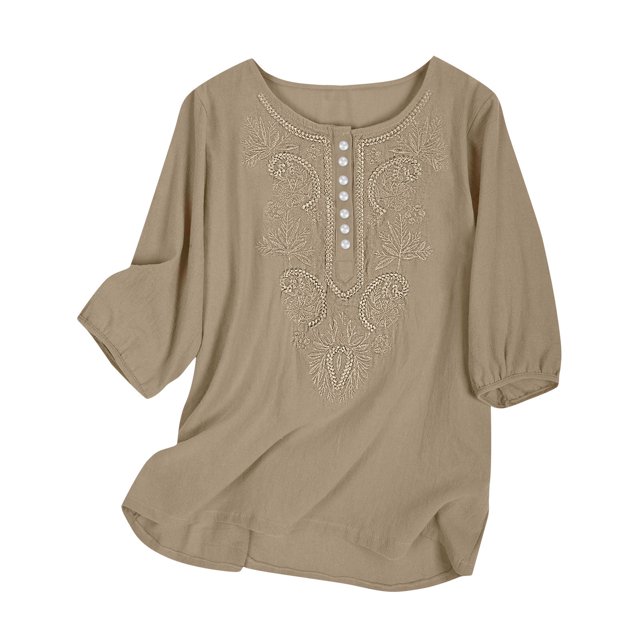 Yuyuzo Hauts Boho pour Femmes Chic Décontracté Chemises à Manches 3/4 Broderie Col Rond Hauts d'Été Amples T-Shirts Blouse