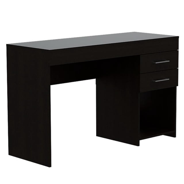 FM FURNITURE Austin 47"W 2-Drawer Engineered Wood Writing Desk in Black. This desk features a sleek black finish, two spacious pull-out drawers with metal handles, and an open bottom shelf for additional storage. Made of engineered wood, it measures 29.5"H x 47.2"W x 17.9"D, offering ample workspace and legroom of 25.7"H. Ideal for home or office use, it combines functionality and elegance.