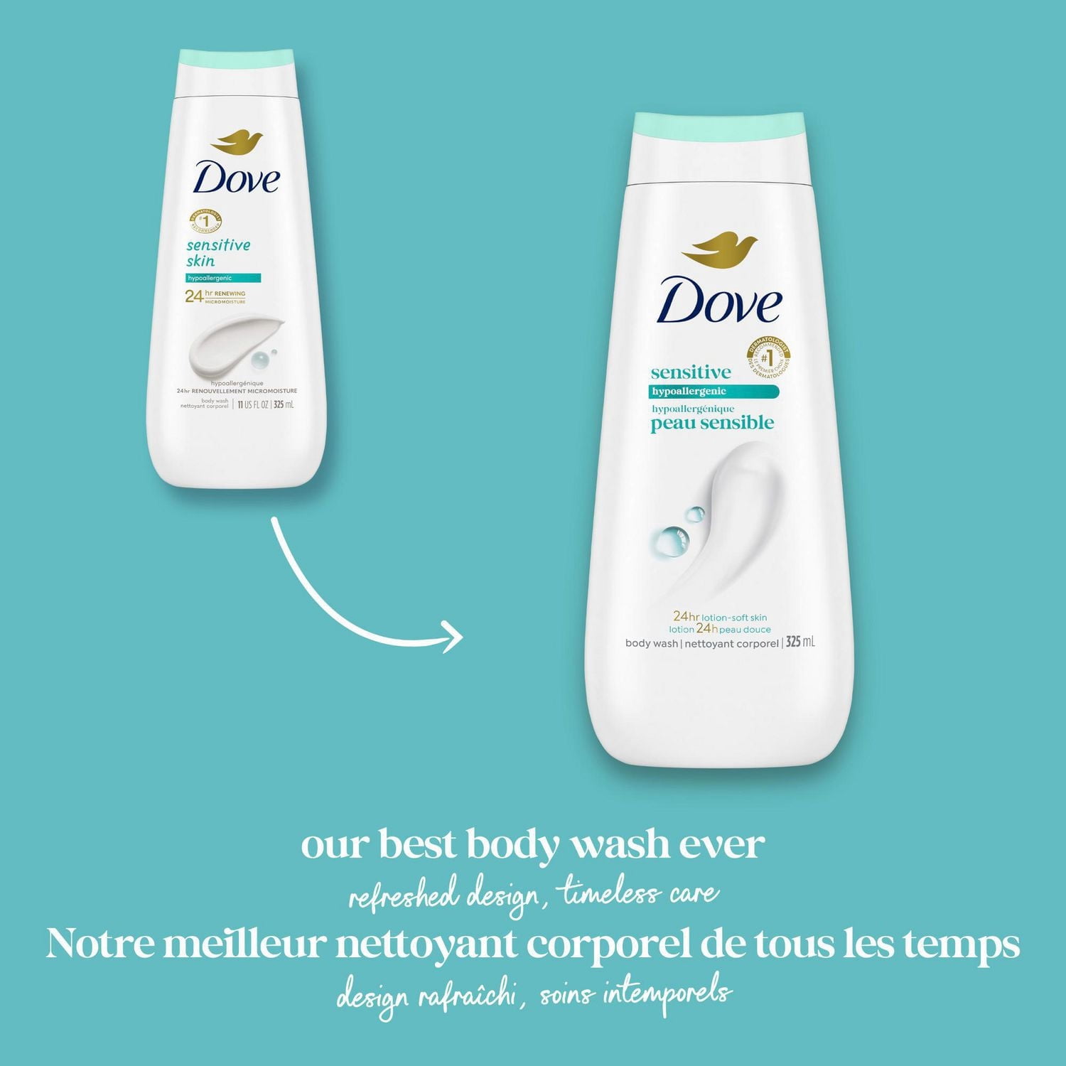 Dove Nettoyant Corporel pour 24 H de Peau Douce Hypoallergénique Peau Sensible, 325 ml