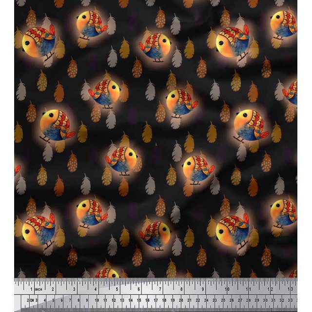Soimoi Rayon Fabric Feather & Bird Cartoon Printed Craft Fabric by The Yard 56 Inch Wide