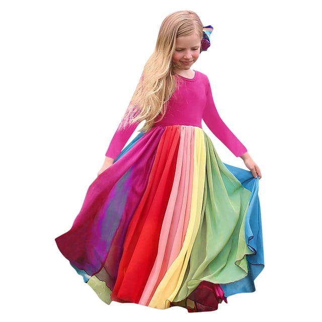 Kids Girls Rainbow Splice Princess Pageant Gown Birthday Party Dresses