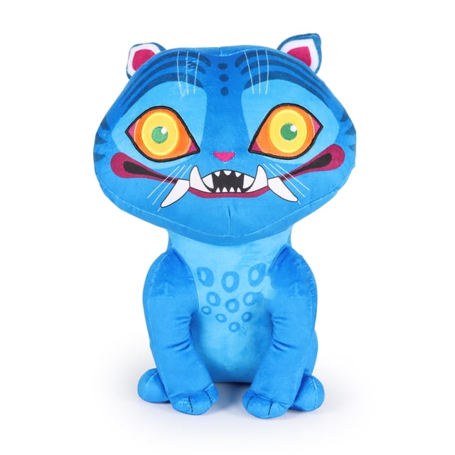 K-Pop Demon Hunters 'Derpy' Coussin Compagnon, un Coussin Décoratif en Peluche Bleu en Forme de Tigre de Dessin Animé avec de Grands Yeux Jaune-Vert, des Crocs Blancs, un Nez Rose et des Rayures Bleu Foncé, Fabriqué en Velours de polyester Doux, Mesurant Environ 16 x 11 x 8,5 Pouces, Idéal pour Se Blottir, Se Détendre Ou comme Déco Maison Décorative.