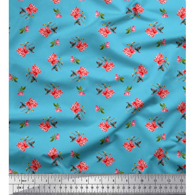 Soimoi Tissu en Rayonne Imprimé Feuilles & Roses Floral Tissu au Mètre 56 Pouces de Large