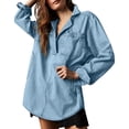 thumbnail image 1 of WRKEKC Women's Denim Shacket V Neck Distressed Wash, New Arrival Long Sleeve Western Style Jacket, 1 of 5